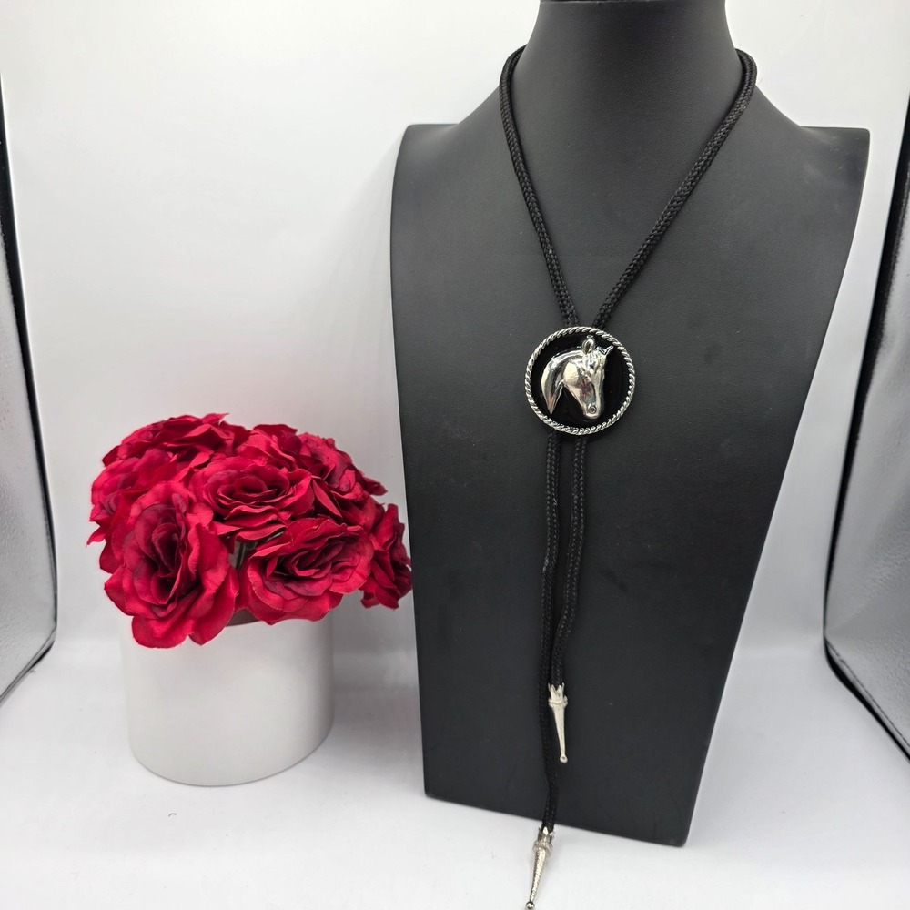 Western Horse Bolo Tie Black Cord Silver Tone Pendant Western Cowboy Style Rodeo